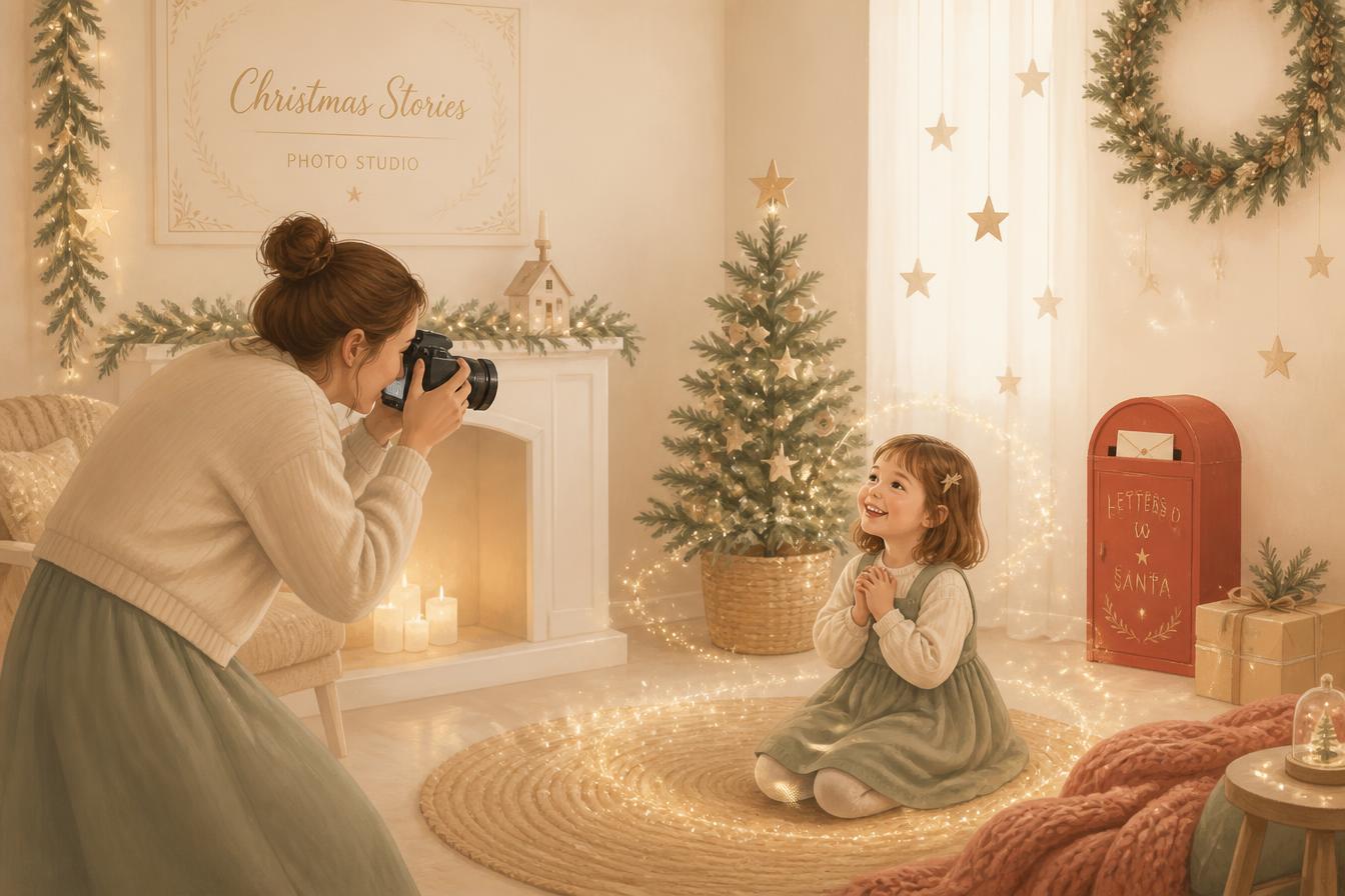 Illustration douce d'une photographe et d'un enfant dans le studio de Noël, entourés de lumière magique
